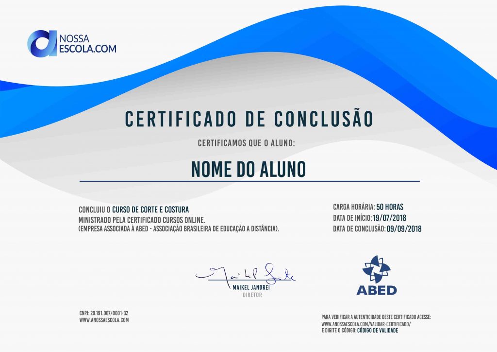 Certificado do CURSO DE CORTE E COSTURA