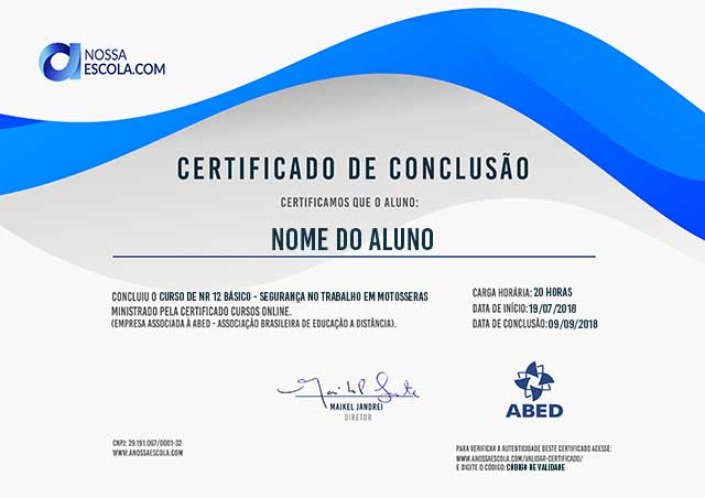 CERTIFICADO DO CURSO DE NR 12 BÁSICO - SEGURANÇA NO TRABALHO EM MOTOSSERAS