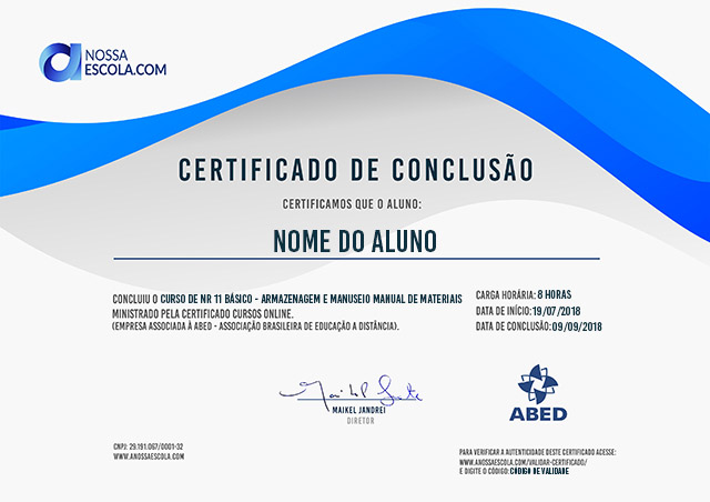 CERTIFICADO DO CURSO DE NR 11 BÁSICO - ARMAZENAGEM E MANUSEIO MANUAL DE MATERIAIS